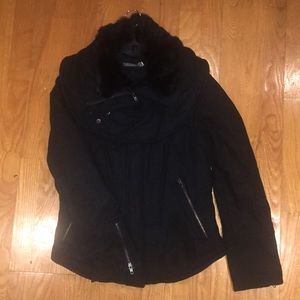 Moto style wool jacket with real fur collar